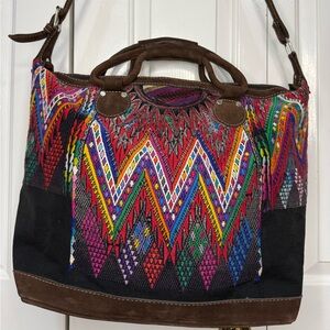 Guatemalan Huipil Travel Tote Bag – Handwoven Embroidered Suede Trim